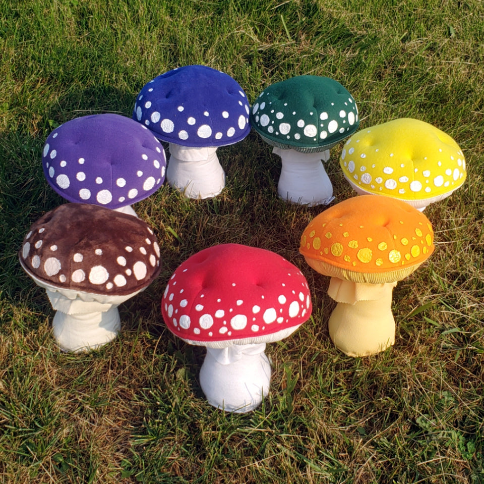 plushroom category Amanitas of the rainbow. a circle of mushrooms in lots of colors in the grass